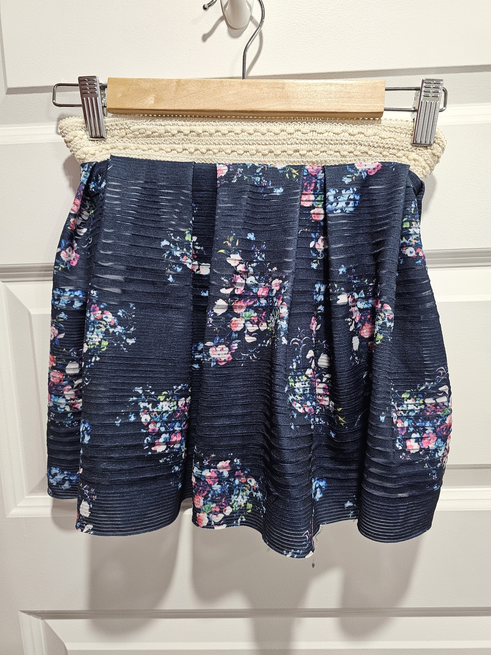 Girls Navy Floral Skirt with Cream Crochet Waistband
